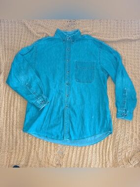 Lands End Men's Teal Button-Down Denim Shirt cotton Classic Long Sleeve vintage